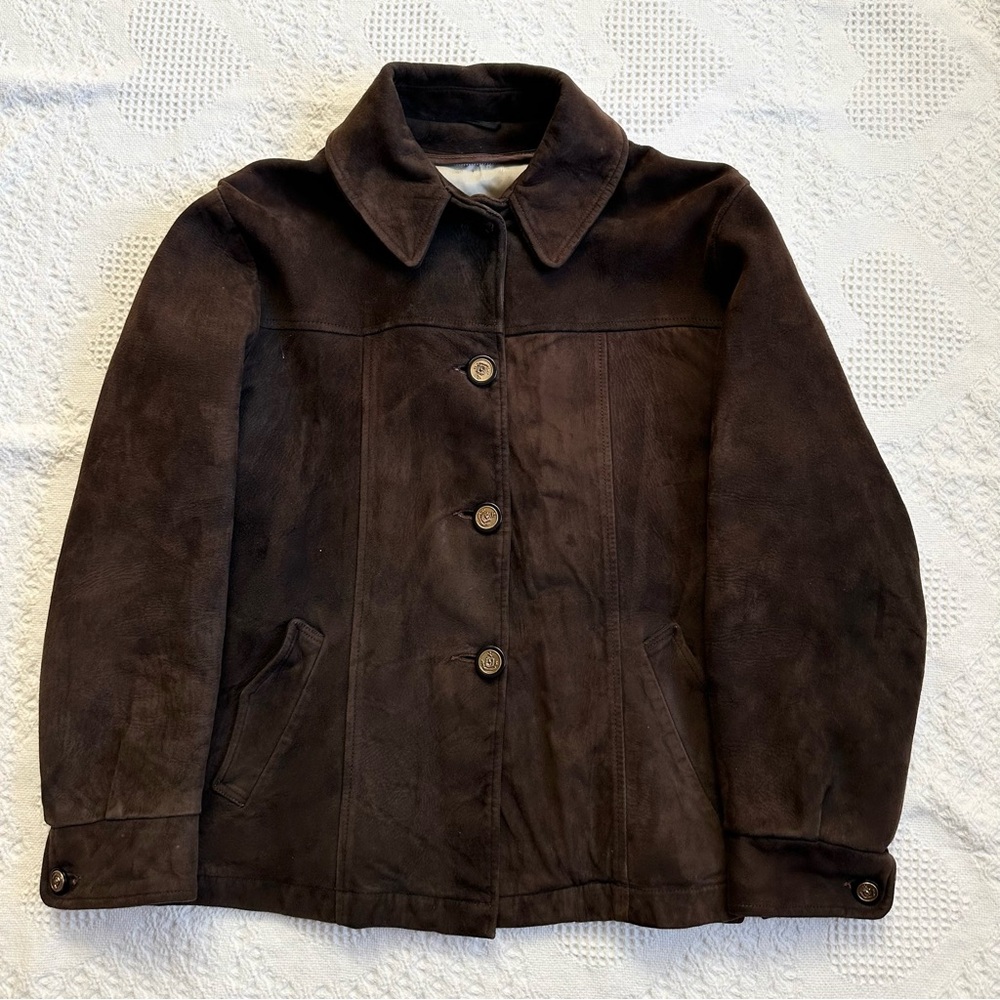Vintage Leather Suede Jacket Coat Womens Large Brown Western Collared Button Vtg